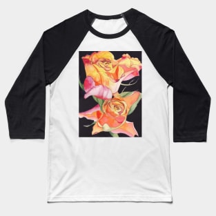 Pink and Yellow Roses watercolour painting with a dark background. Baseball T-Shirt